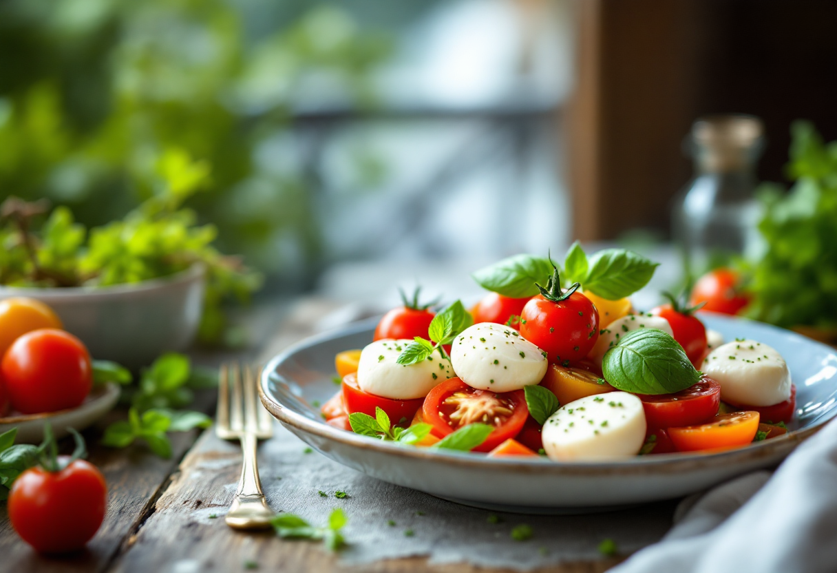 Insalata caprese con pomodori, mozzarella e basilico