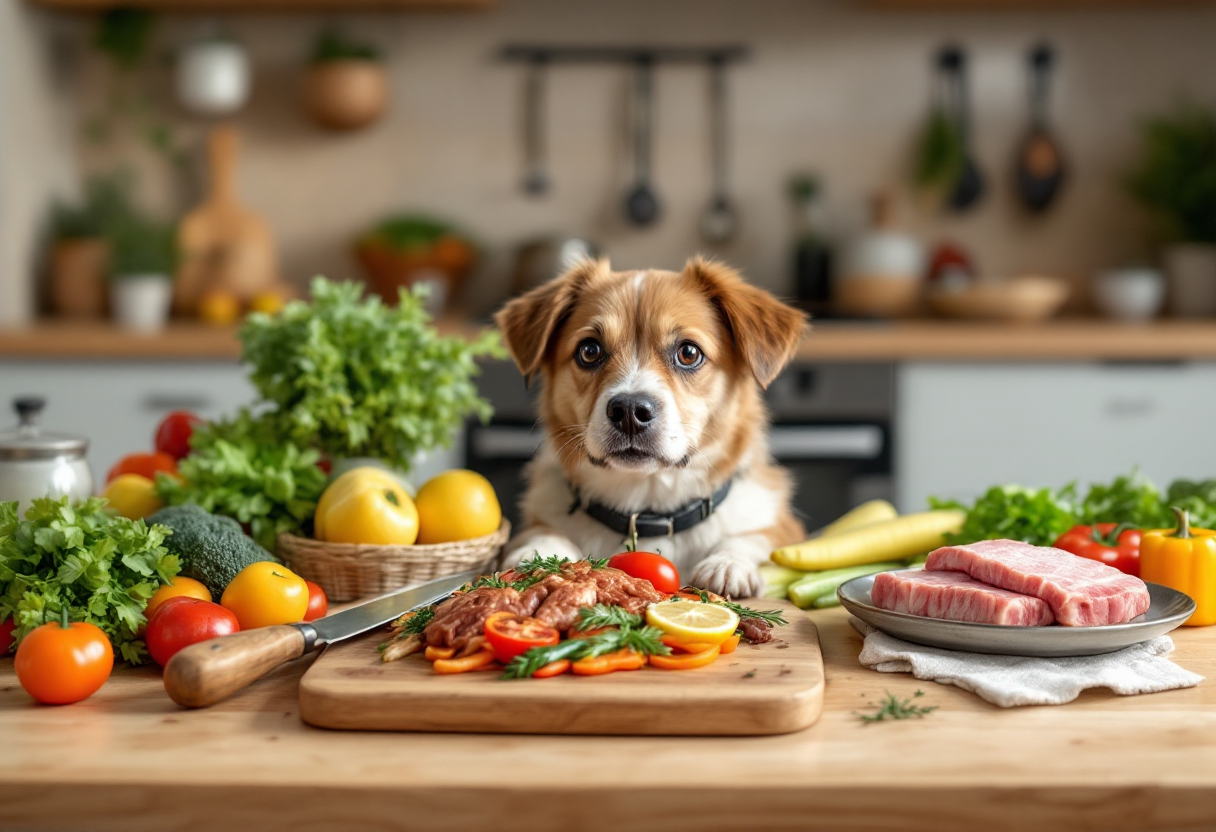 Cibo sano per cani e gatti in ciotole colorate