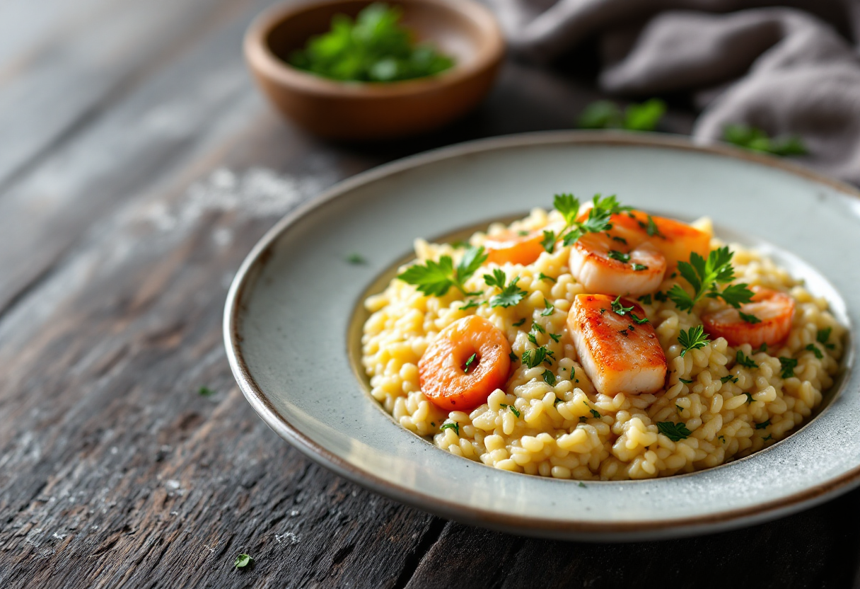 Risotto marittimo con ingredienti freschi di mare e terra