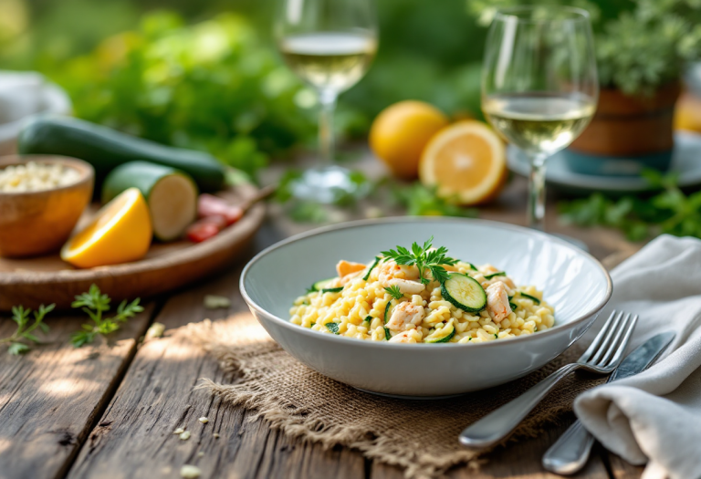 Risotto con zucchine e polpa di granchio servito in un piatto