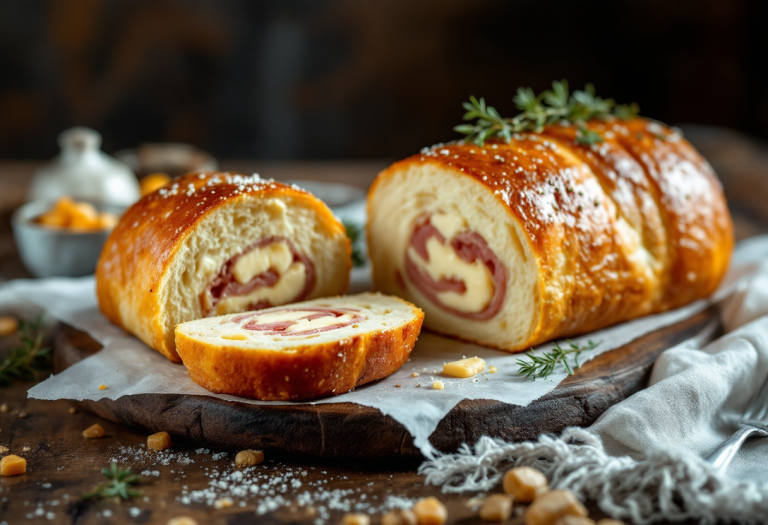 Rotolo di pane farcito con scamorza e prosciutto fresco