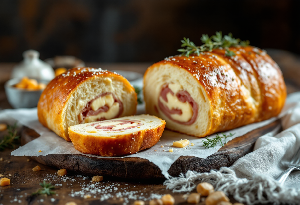 Rotolo di pane farcito con scamorza e prosciutto fresco