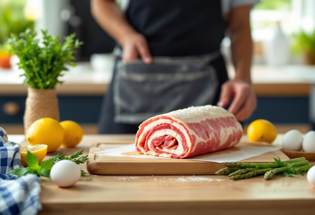 Rotolo di vitello farcito con asparagi e zabaione salato