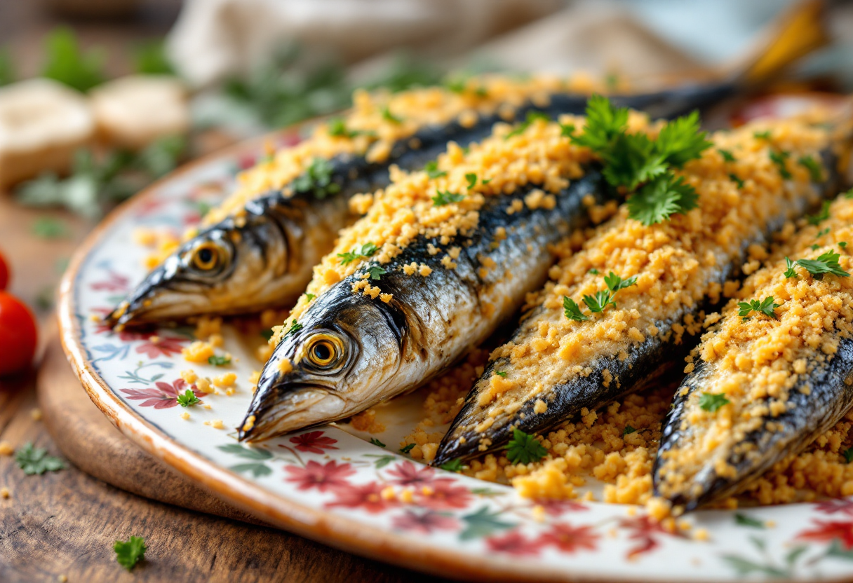 Sardine ripiene di mollica servite su un piatto