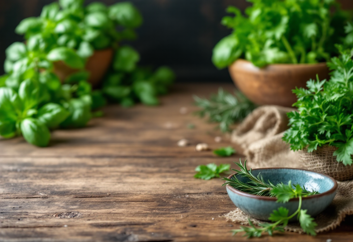 Varie erbe aromatiche fresche su un tavolo di legno