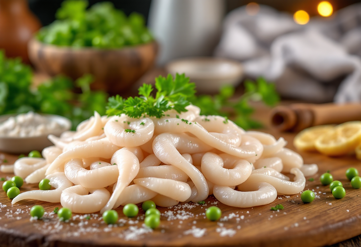 Seppie cucinate con piselli freschi in un piatto italiano