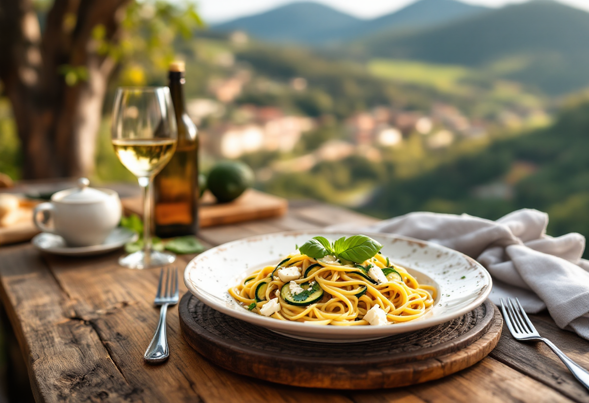 Piatto di spaghetti alla Nerano con zucchine e formaggio
