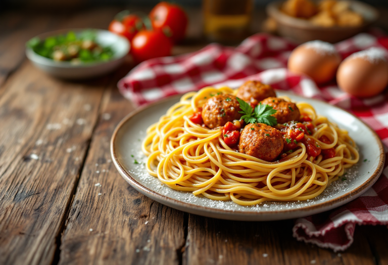 Piatto di spaghetti con polpette in salsa di pomodoro