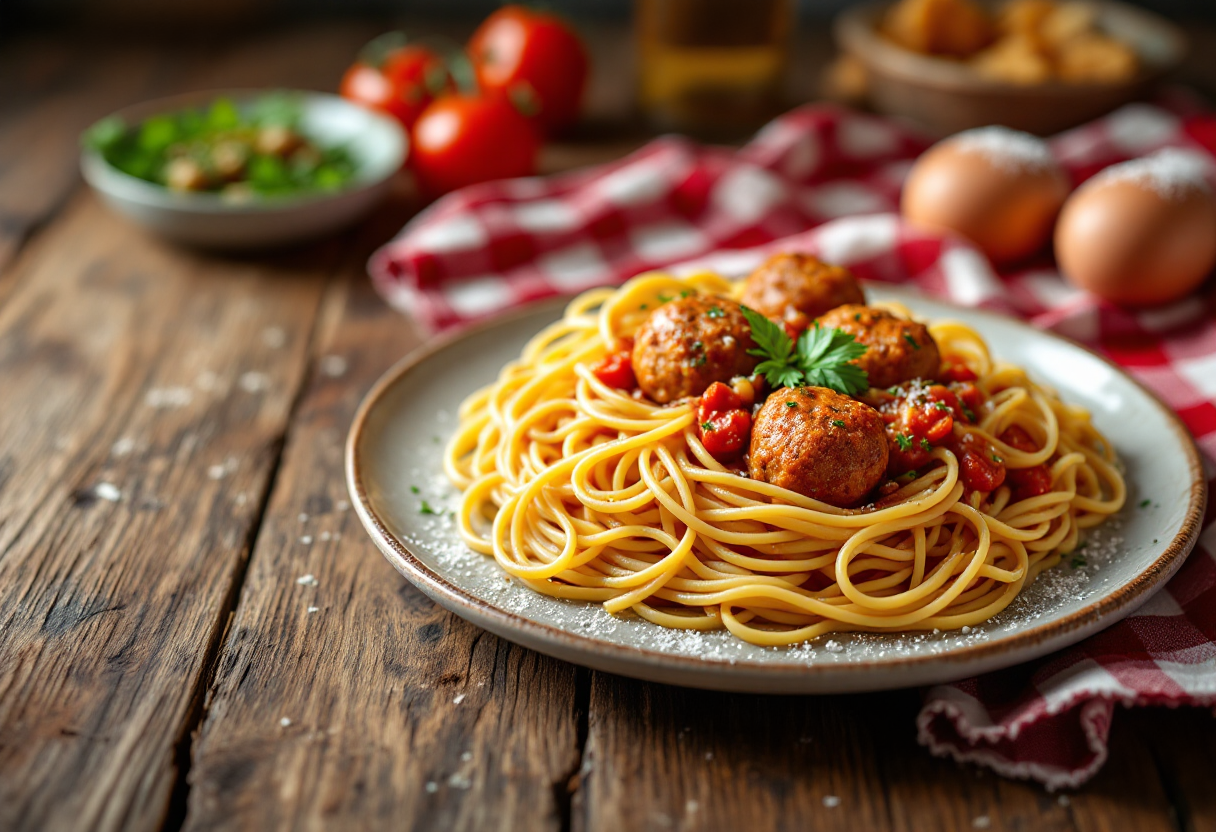 Piatto di spaghetti con polpette in salsa di pomodoro