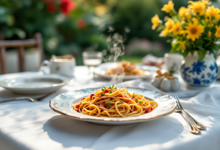 Spaghetti con telline serviti su un piatto estivo