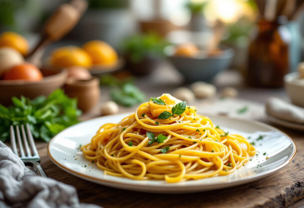 Piatto di spaghetti con agretti e burro all'arancia