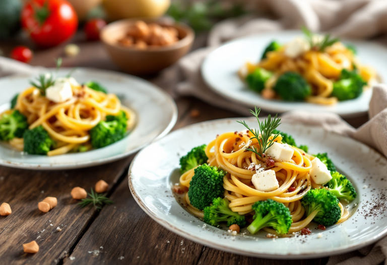 Piatto di spaghettoni risottati con broccolo e feta
