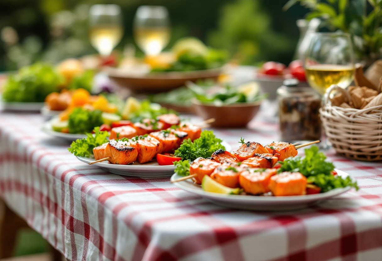 Spiedini di salmone con verdure fresche su un piatto