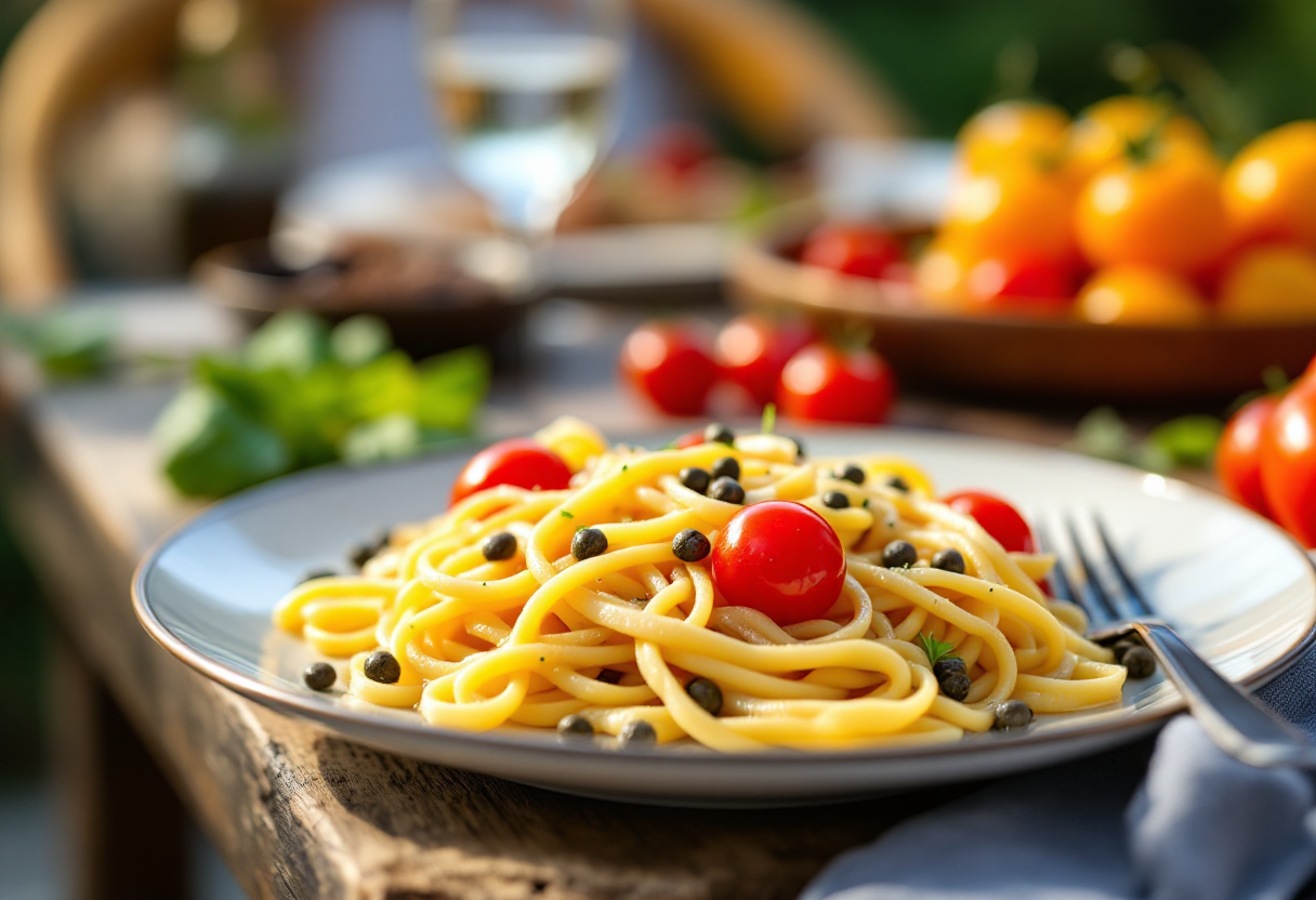 Piatto di strozzapreti con pomodorini freschi e capperi