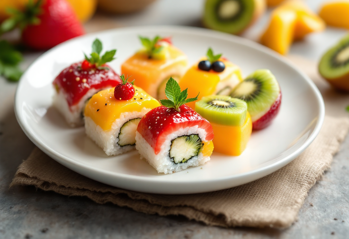 Sushi di frutta decorato con cioccolato speziato