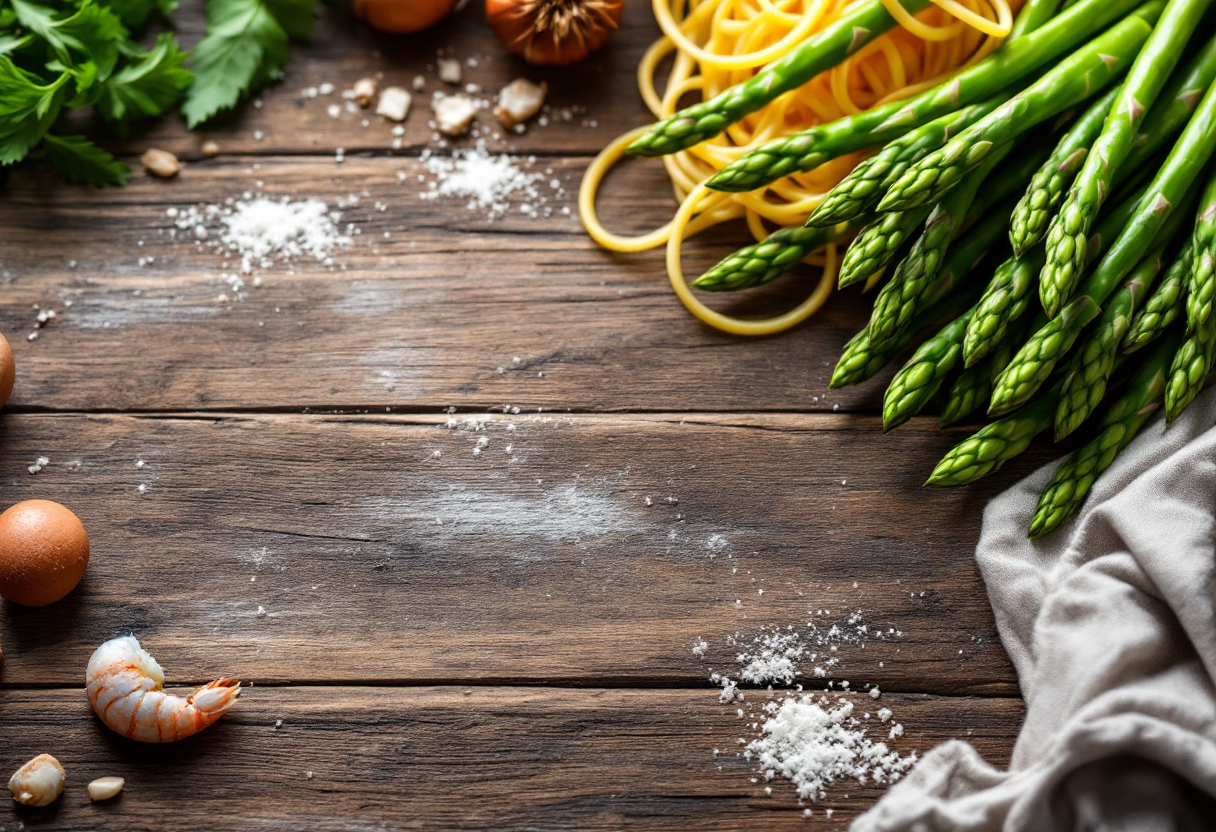 Tagliatelle con scampi e crema di asparagi freschi