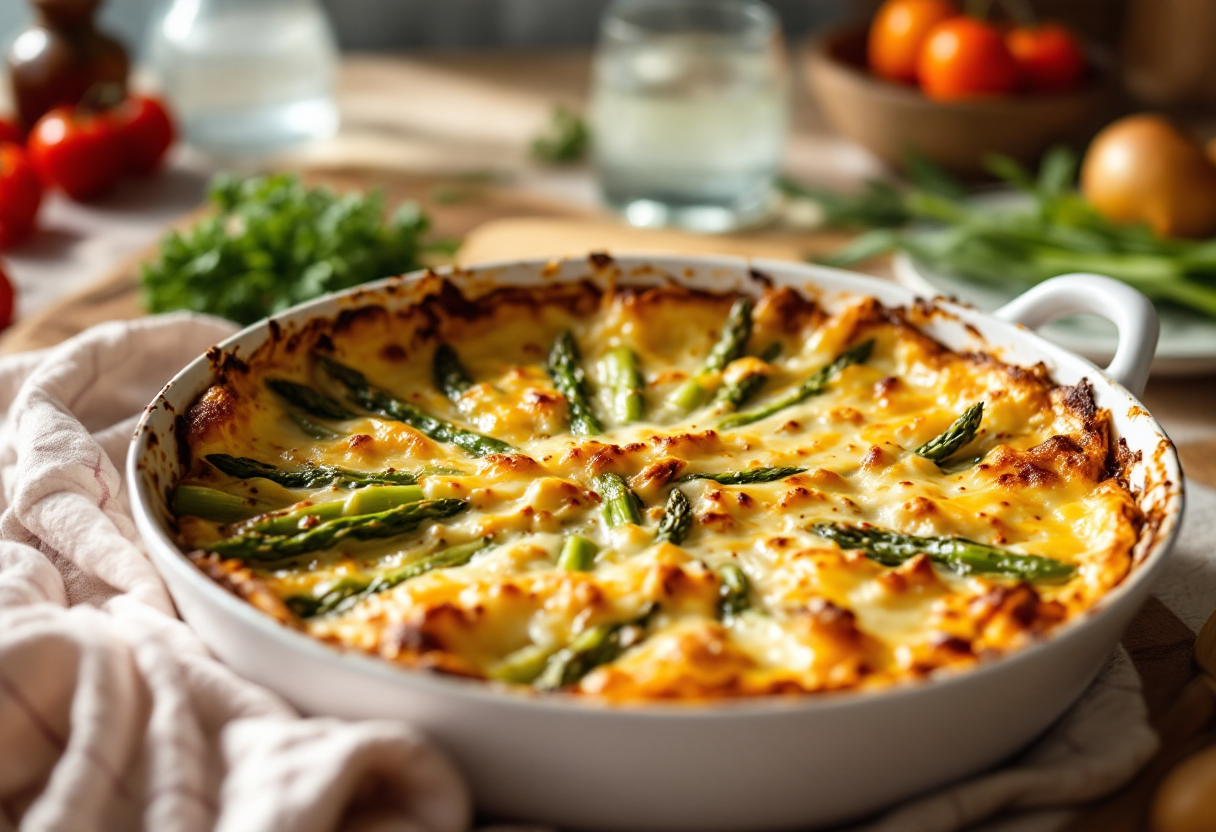 Teglia di asparagi e porri gratinati appena sfornati
