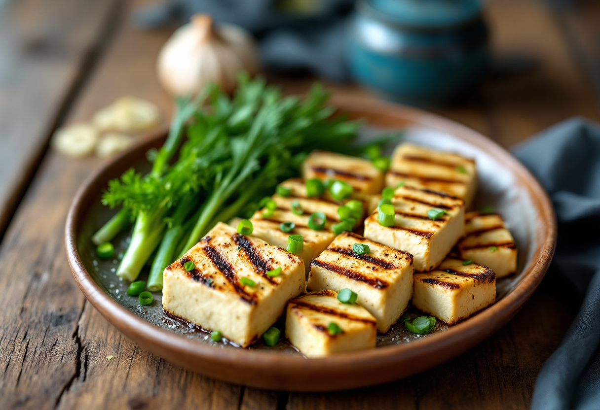 Piatto di tofu con cipollotti e finocchi freschi