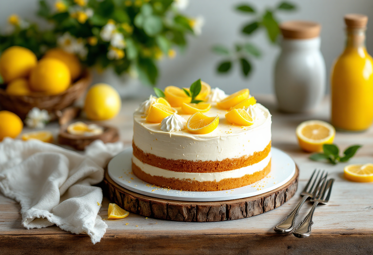 Torta caprese al limone decorata con limoni freschi