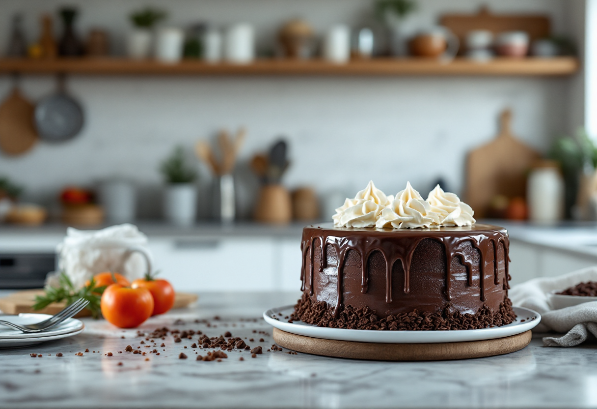 Deliziosa torta al cioccolato fondente con panna montata
