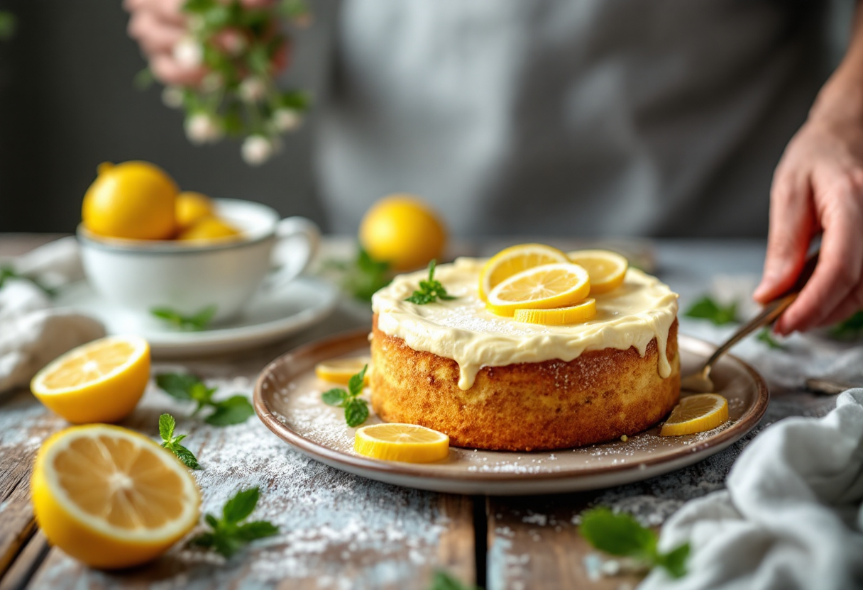 Torta al limone e ricotta decorata con limoni freschi