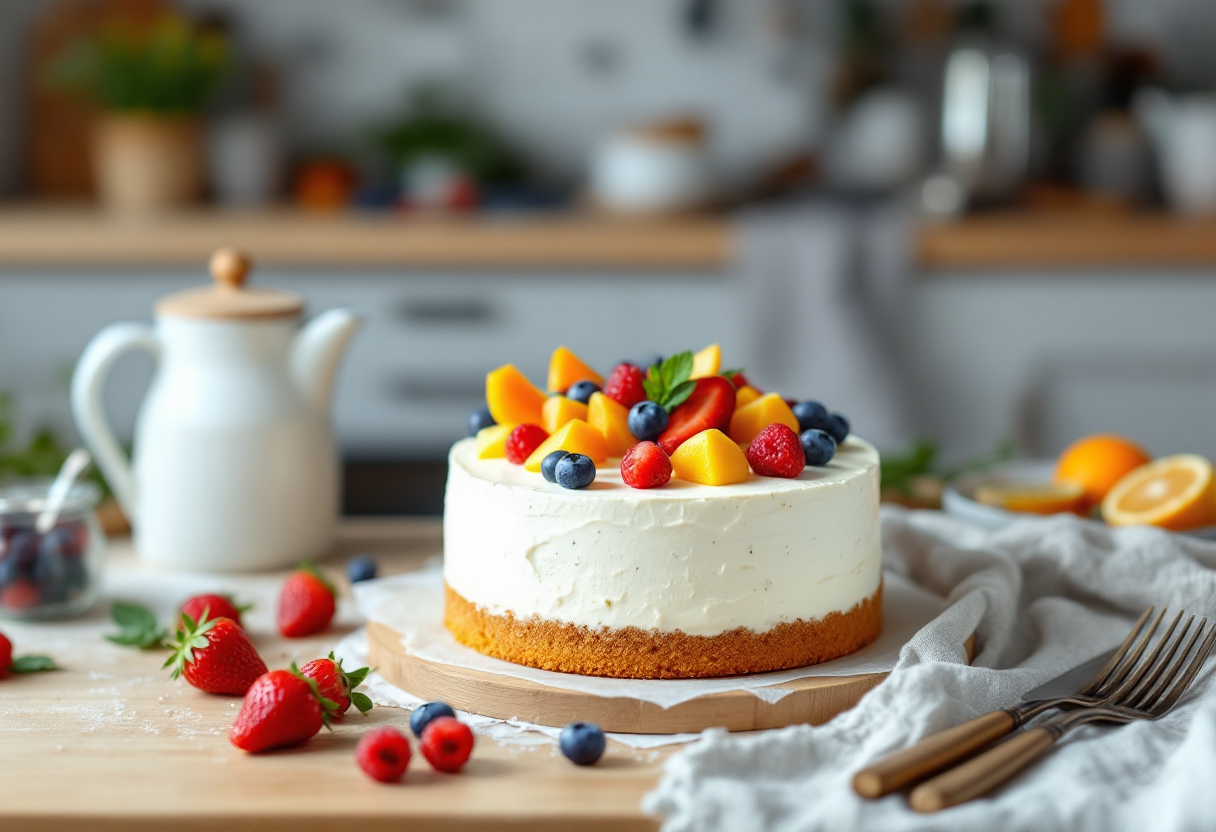 Torta allo yogurt greco decorata con frutta fresca