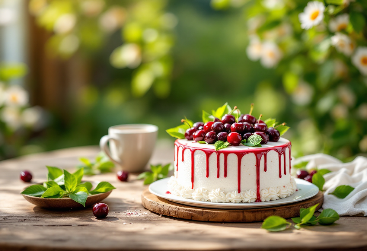 Deliziosa torta bianca con ciliegie fresche