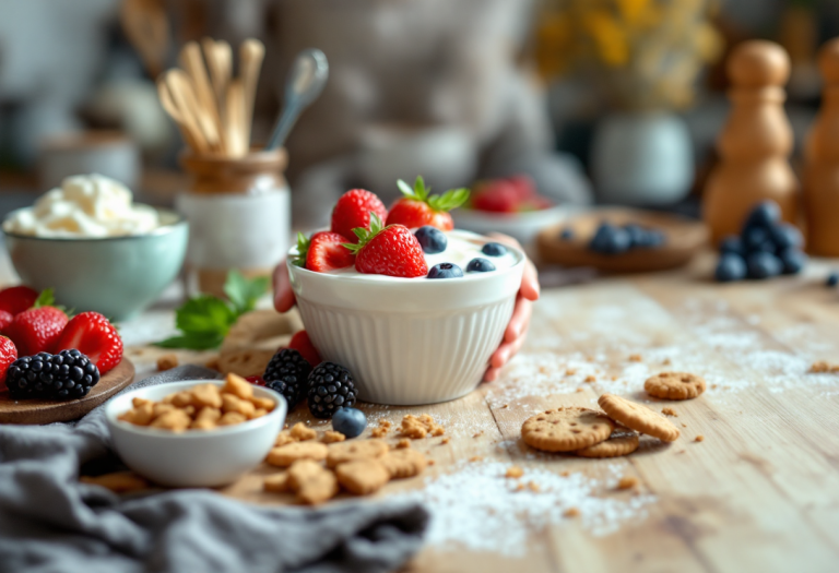 Torta fredda allo yogurt decorata con frutta fresca