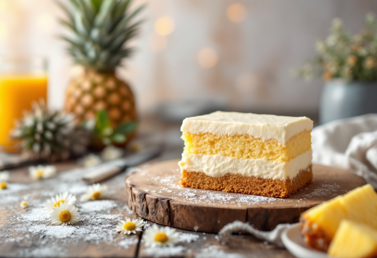 Torta mimosa all'ananas decorata con fiori