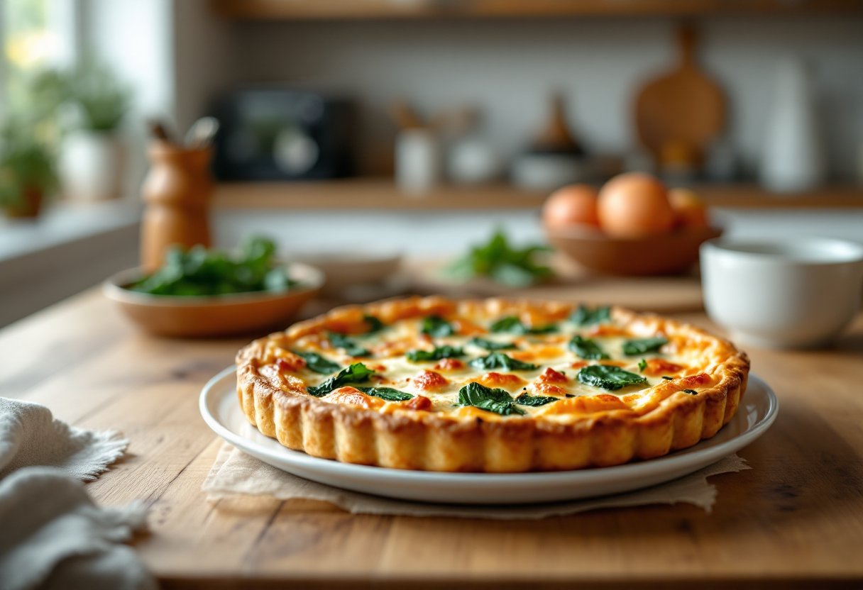 Torta salata con ricotta e spinaci appena sfornata