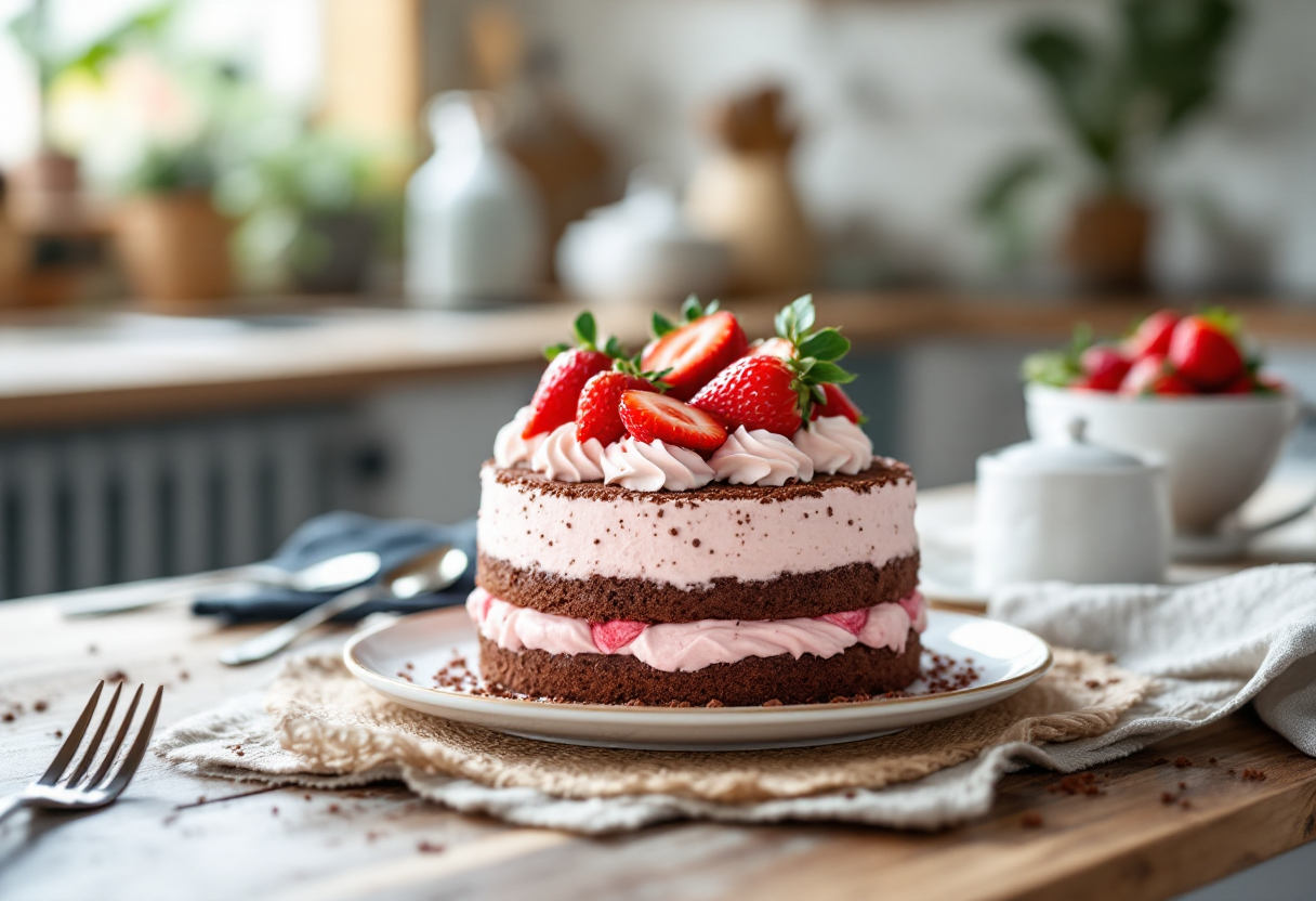 Torta al cacao con crema di fragole fresca