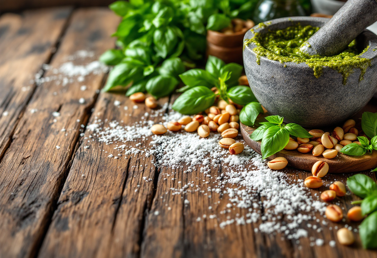 Piatto di trofie al pesto con basilico fresco e pinoli