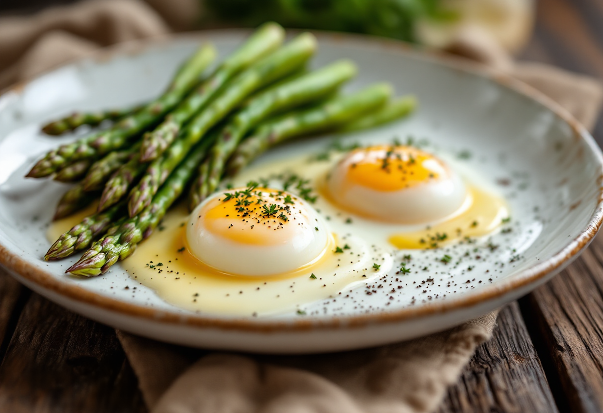 Piatto di uovo morbido con asparagi e zabaione