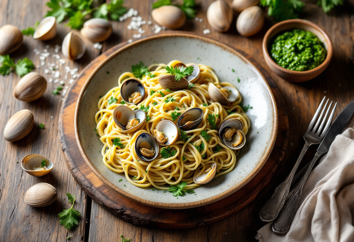 Piatto di vermicelli con vongole fresche e prezzemolo