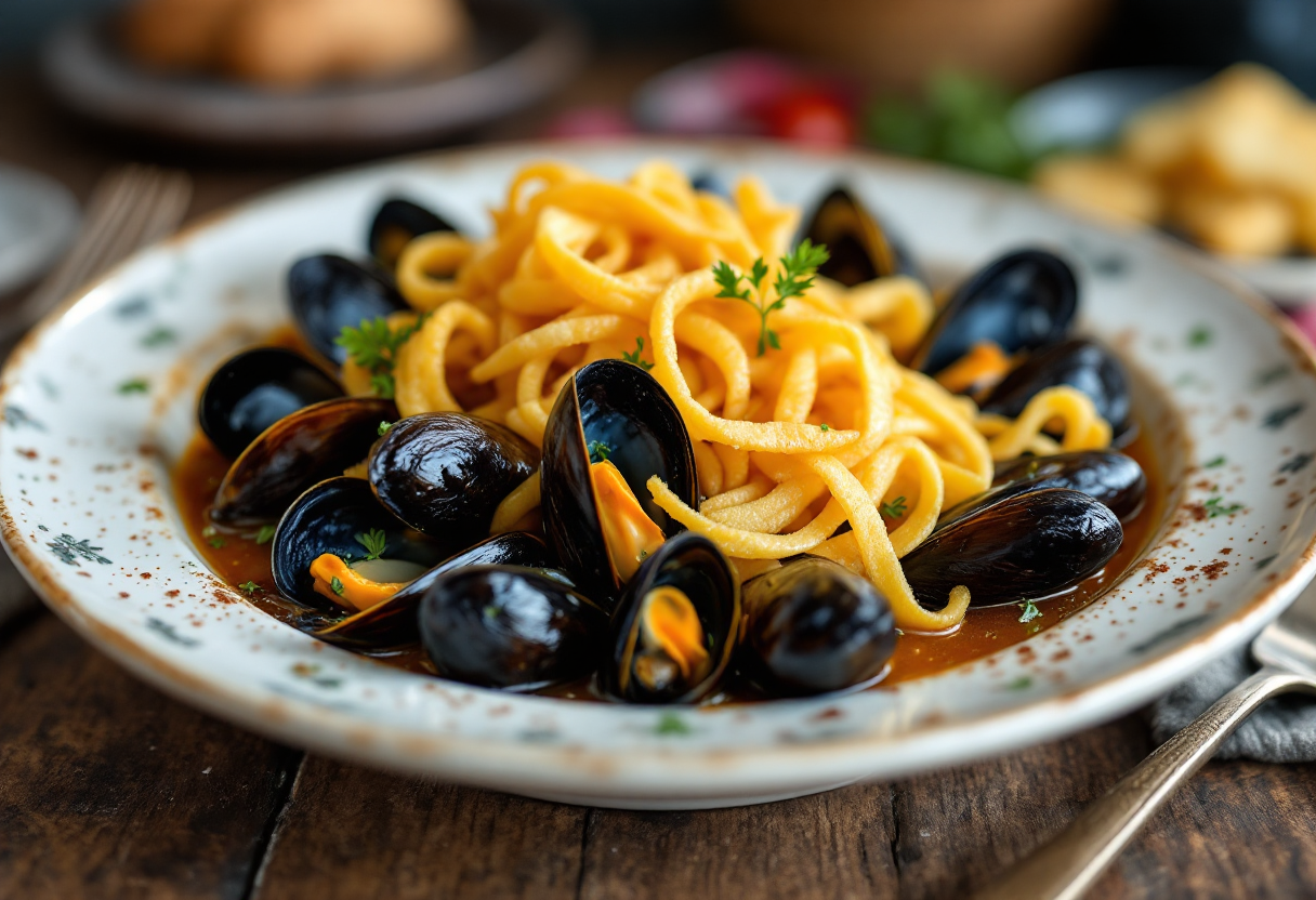 Zuppa di cozze servita con freselle tipiche napoletane