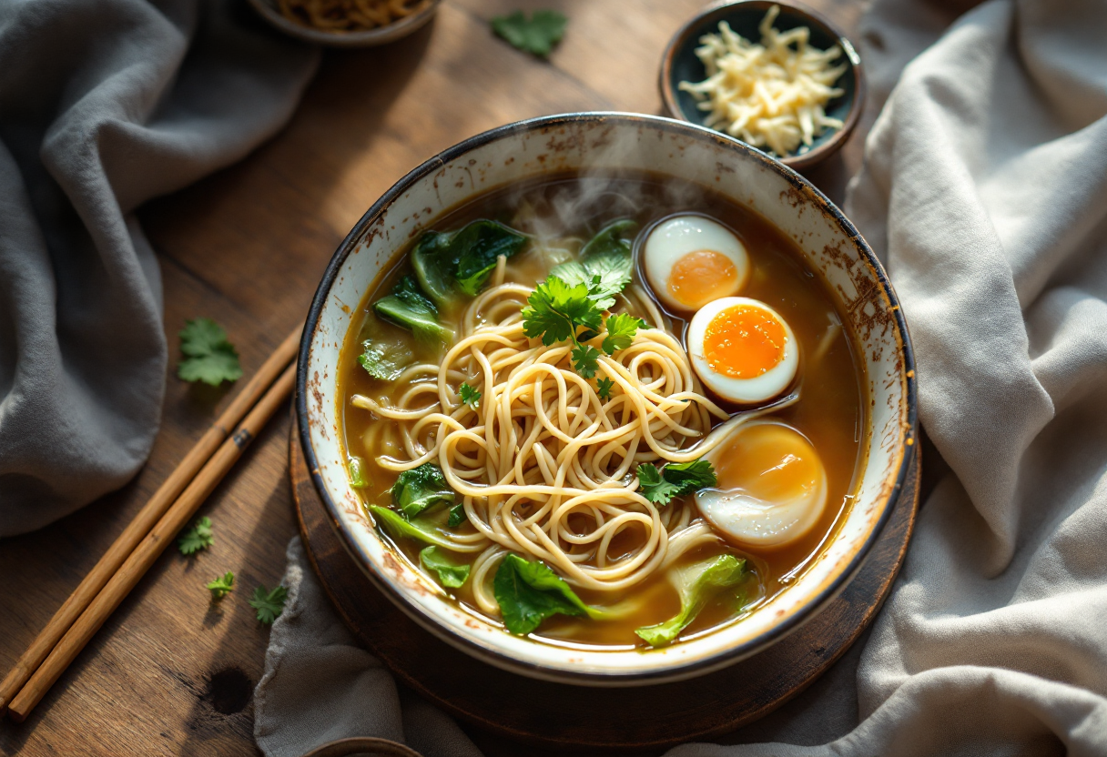 Zuppetta con cavolo cinese, noodles e uova di quaglia