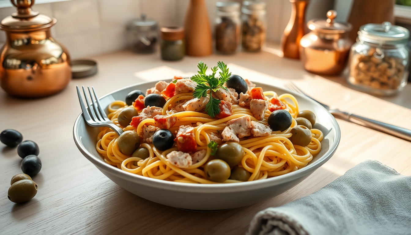 prepara la pasta alle olive e tonno in soli 10 minuti per un pasto gustoso 1750084778