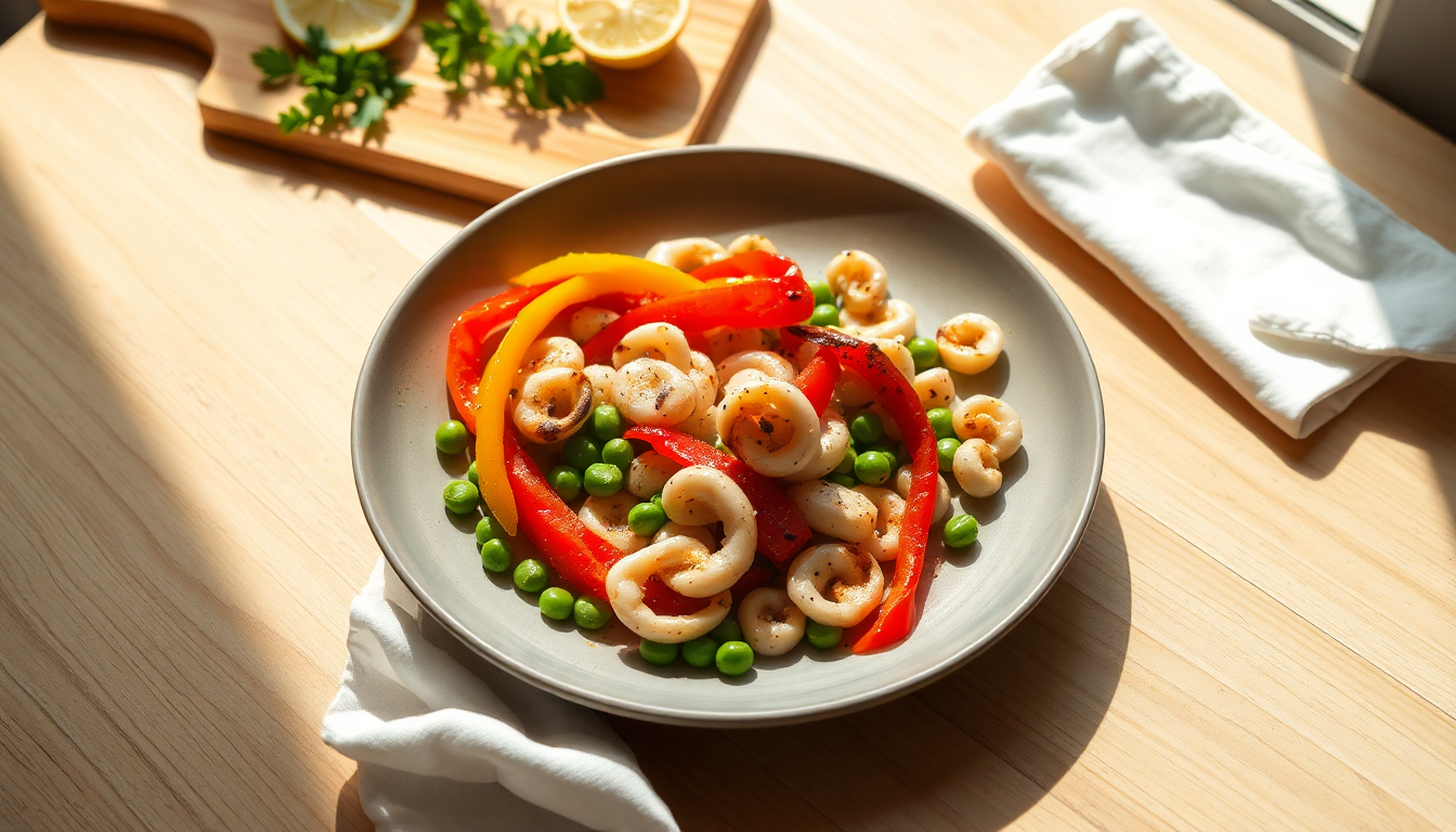 ricetta leggera di calamari peperoni e piselli per una cena gustosa 1750822485