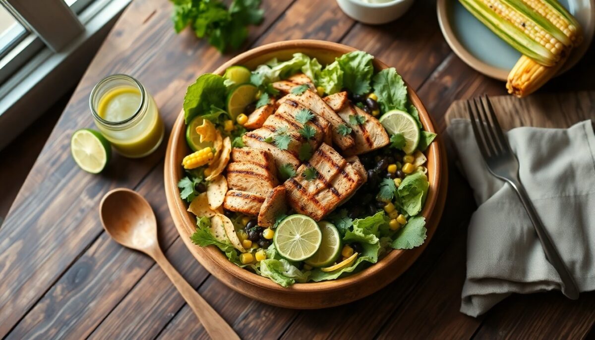 Insalata tex-mex con pollo, mais e dressing al cilantro lime